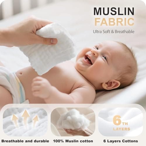 Cuddle Campus Baby Washcloths 6 Packs, Muslin Washcloths Baby,Cotton Burp Cloths, Extra Absorbent and Soft Wash Clothes for Newborns, 12x12 Inches — view 2