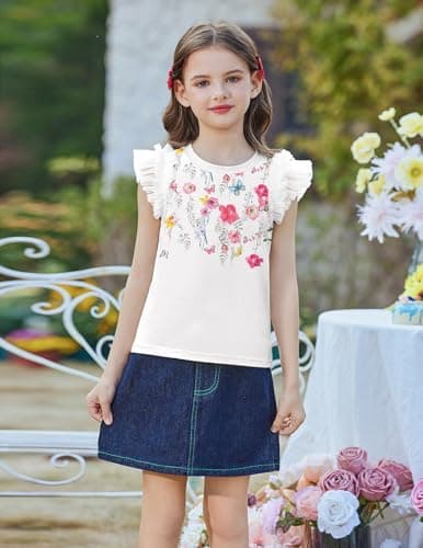 Arshiner Summer Shirts for Girls Mesh Ruffle Flutter Sleeve Little Girls Tops Round Neck Kids Floral Soft Shirts Size 5-6 — view 2