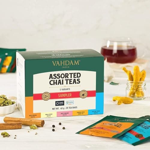 VAHDAM, Assorted Chai Tea Bags Sampler (5 Flavors, 20 Ecofriendly Pyramid Tea bags) I Gift Ideas for Women & Men | Masala Chai Tea Varieties from India | Gluten Free & Non GMO | Gifts for Him/Her — view 4