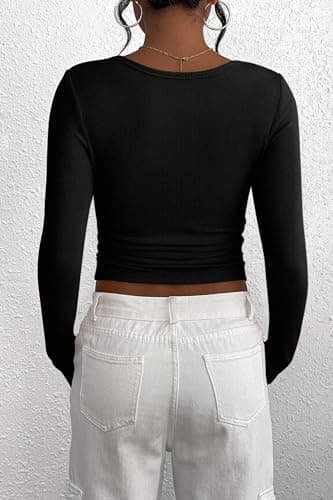 PRETTYGARDEN Women's 2026 Fall Long Sleeve Henley T Shirts Button Ribbed Knit Slim Fit Basic Tops Blouse Casual Outfits (Black,Large)
