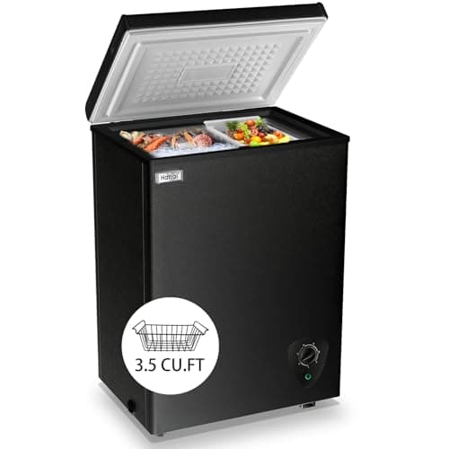 Chest Freezer Small Deep 3.5 Cu.Ft Black Mini Freezers Top Door Adjustable 7 Thermostat and Removable Basket Open Garage Basement Apartment Kitchen Business Office RV