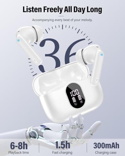 Wireless Earbuds, Bluetooth 5.4 Headphones Bass Stereo, Ear Buds with Noise Cancelling Mic, LED Display in Ear Earphones Clear Calls, IP7 Waterproof Bluetooth Earbuds for Phones/Sports/Laptop, White — view 4