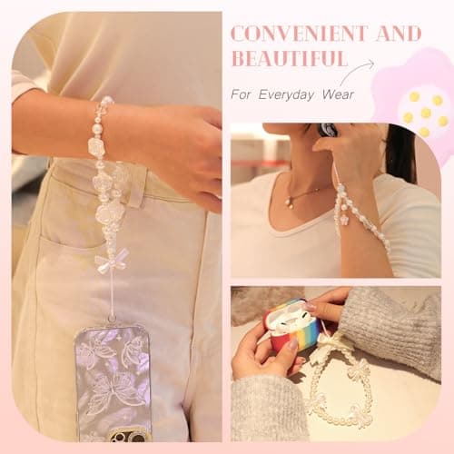 TINKRSTUFF 4 PCS Cute Phone Charms ABS Imitation Pearl Beaded Aesthetic Y2K Cellphone Wrist Strap Bedazzling Flower Bow Accessories Anti-Theft Chain String for Bag Keychain Airpods Camera Decor — view 5