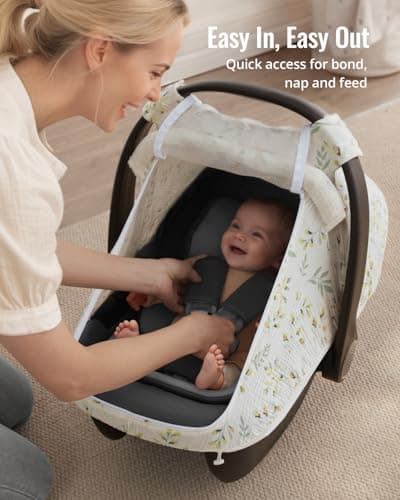 Blissful Diary Baby Car Seat Cover, Extra Large Mesh Window, Breathable Muslin Cotton, Infant Windproof Canopy, Must-Have Baby Gift - Botanical Leaf — view 4