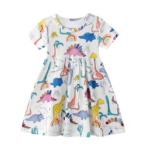 Winzik Toddler Summer Dress, Little Girls Short Sleeve Cotton Casual Dresses Dinosaur Clothes 2-8 Years (3-4T, Colorful Dinosaur)