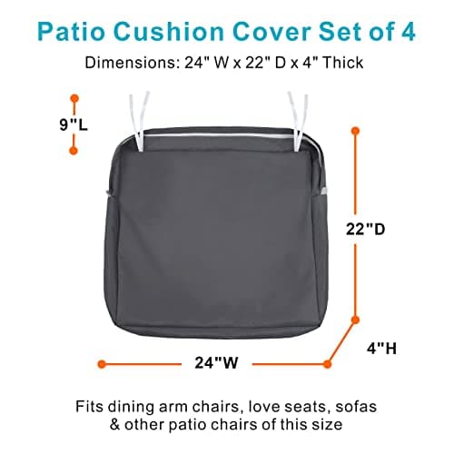 NettyPro Patio Cushion Covers Replacement Set 4 Water Repellent UV Resistant Outdoor Chair Seat Cushion Slipcover with Zipper and Tie, 24 x 22 x 4 Inch, Grey — view 2