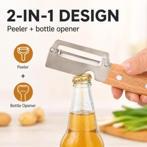 3-Piece Wooden Peeler Set, Stainless Steel Vegetable Peelers with Bottle Opener & Scallion Shredder Tool, Potato Peeler and Green Onion Strip Maker for Kitchen Food Prep — view 4