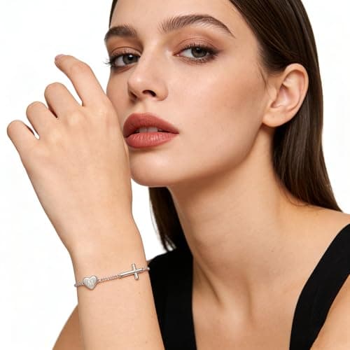 Lunvky 14k Gold Plated Initial Cross Bracelets for Women, Silver Dainty Cute Heart Name Letter Bracelet for Teen Trendy Stuff Confirmation Religious Christian Jewelry Birthday Jesus Gifts — view 3