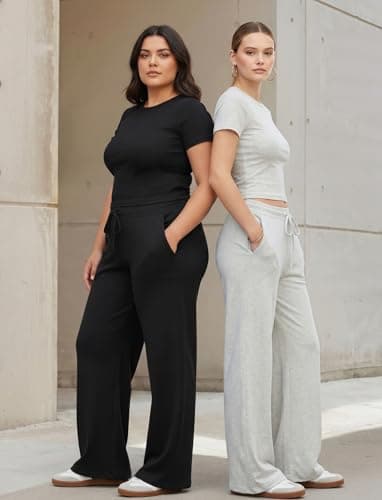 Flevita Womens Two Pcs Lounge Sets Short Sleeve Slim T-shirt and High Waisted Wide Leg Pants with Pockets Soft Pajama Set 29" Inseam Pants Grey M — view 4