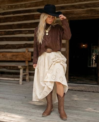 Pasuot Western Cowboy Boots for Women - Brown Square Toe Mid Calf Cowgirl Boots, Low Chunky Heel Country Boot with Classic Retro Embroidery Pull On for Ladies Rodeo Festival Concert US 8