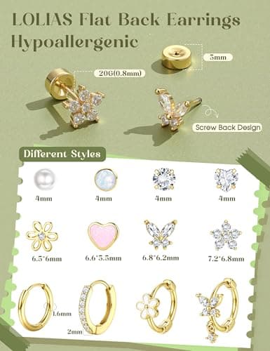 LOLIAS Hypoallergenic Flat Back Earrings for Women Girls-Cute Toddler Kids Teen Girls Earring Set-Surgical Steel Earrings for Sensitive Ears-14K Gold Plated Stainless Steel Flatback Studs Screw Back Small Hoop Cartilage Earring Stacks 14K Gold Plated Age Over 4 Years Old — view 6