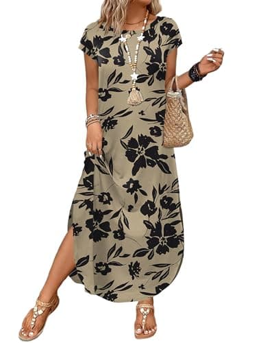 WIHOLL Cap Sleeve Crewneck Tshirts Maxi Dresses for Women 2026 Elegant Classy Floral Dress with Pockets Spring Dresses Work Teacher Outfits Vacation Resort Wear L