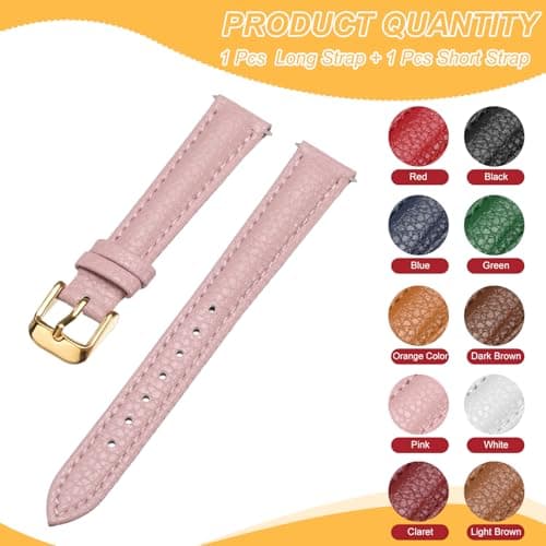 HARFINGTON Leather Watch Band 14mm Vintage Textured Padded Leather Watch Strap Litchi Grain Pattern Replacement Wristband with Stainless Steel Pin Buckle for Men and Women, Pink — view 2