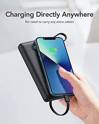 VRURC Portable Charger, Built-in 4 Cables Slim Power Bank 10000mAh, USB C Charging Bank with LED Display, Compact Travel Battery Pack with 5 Outputs for Multi Devices, Android-Black(1 Pack) — view 6