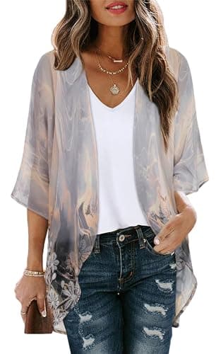 Women's Floral Print Puff Sleeve Kimono Cardigan Loose Cover Up Casual Blouse Tops (Grey Gold Floral,L)
