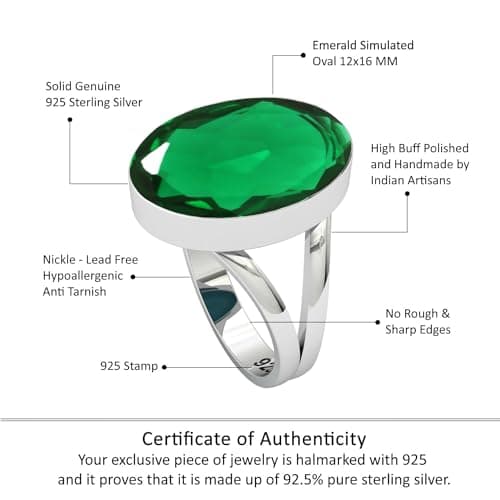 JEWELOPORIUM Green Emerald Simulated Silver Ring Size 5, 925 Sterling Silver Ring for Women, Chunky Oval Gemstone Handmade Jewelry — view 3