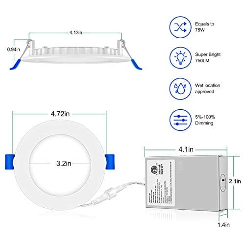 INCARLED 4Inch 3CCT LED Recessed Slim Pot Lights with Junction Box, Dimmable IC Rated Ceiling Lighting 9W 750LM (6pack, 5000K/4000K/3000K-3CCT)