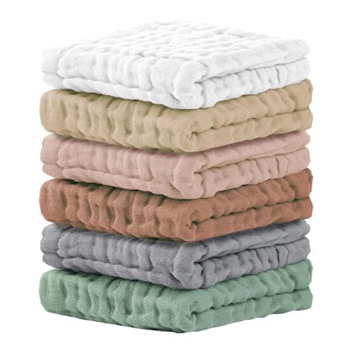 Cuddle Campus Baby Washcloths 6 Packs, Muslin Washcloths Baby,Cotton Burp Cloths, Extra Absorbent and Soft Wash Clothes for Newborns, 12x12 Inches