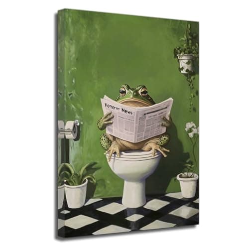 ZXHYWYM Funny Frog Bathroom Wall Art Frog Bathroom Wall Decor Green Cute Animal in Toilet Posters Whimsical Canvas Prints for Restroom Washroom (Green, 45L x 30W cm)