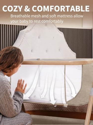 Baby Bassinet, Basinet Bedside Sleeper with Waterproof Bassinet Sheets and Soft Mattress, Safe Adjustable Height Bedside Bassinets with Wheels, Girl/Boy Bassinets, Jestonten (Khaki) — view 3