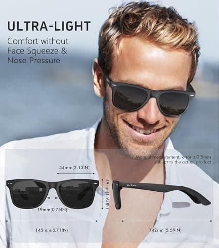 LUENX Polarized Sunglasses for Men Women UV400 Protection Non-mirrored Black Lens Matte Black Square Frame 54MM — view 4