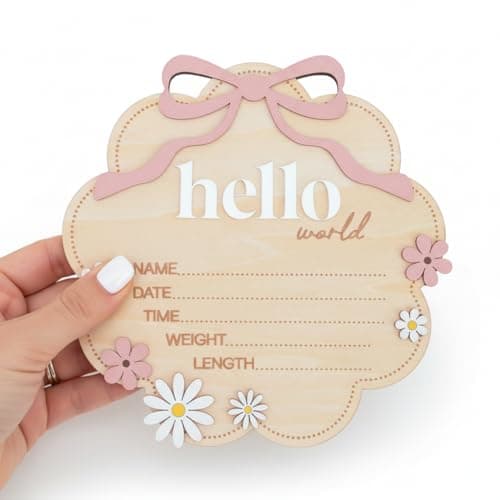 TTMerriwood Hello World Wooden Baby Birth Announcement Sign with Pink Bow, Cloud Shape Floral Newborn Name Date Time Weight Length Board, Baby Girl Nursery Photo Prop (Light Pink) — view 4