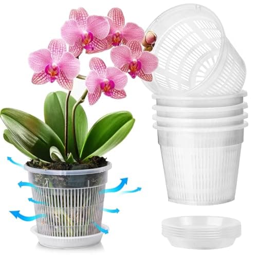 T4U Orchid Pots, 4.3 Inch 6 Pack Plastic Nursery Pots with Holes and Saucers, Slotted Breathable Planter for Orchid Lovers, Indoor Windowsill Decor for Phalaenopsis and Cattleya
