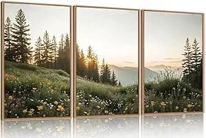 HPNIUB Mountain Canvas Wall Art Set, Framed Forest Nature Wall Decor, 3 Piece Landscape Paintings Artwork, 16x24 Inches Wildflower Pictures for Living Room, Bedroom, Office