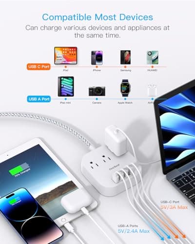 One Beat Power Strip with USB C, 3 Outlets 4 USB Ports, 10ft Braided Extension Cord, 22.5W Desktop Charging Station, Flat Plug, Non Surge Protector, Home Office Cruise Travel, ETL Listed, White — view 5