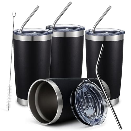 COMOOO 20oz Black Tumbler 4 Pack Stainless Steel Insulated Travel Mug with Lid and Straw Vacuum Double Wall Coffee Cup for Hot Beverage and Cold Drinks(Black, 4 Pack)