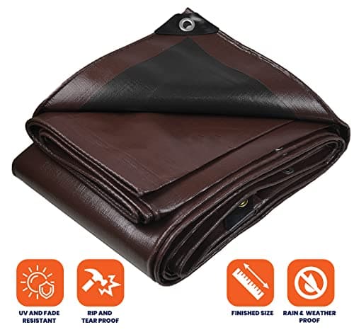 Tarpco Safety Extra Heavy Duty 14 Mil Tarp Cover, Waterproof, UV Resistant, Rip and Tear Proof, Poly Tarpaulin with Reinforced Edges for Roof, Camping, Patio, Pool, Boat (Brown/Black 18′ X 24′)