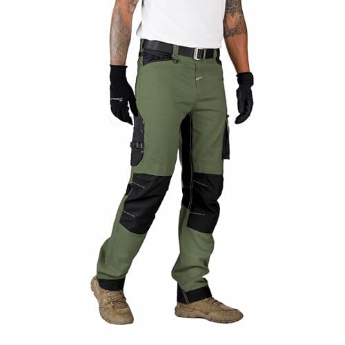 Ellobird Men's Construction Work Utility Pants Relaxed Fit Stretch Flex Cordura Double Knee Reinforcement Carpenter Cargo,(Olive,36W x 30L)