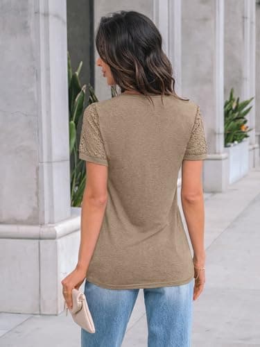 AUTOMET Short Sleeve Tops for Women Summer Shirts 2026 Fashion Teacher School Work Blouses Dressy Casual Outfits Lace Trendy Top Cute Plus Size T Shirt Business Spring Clothes Khaki L — view 3