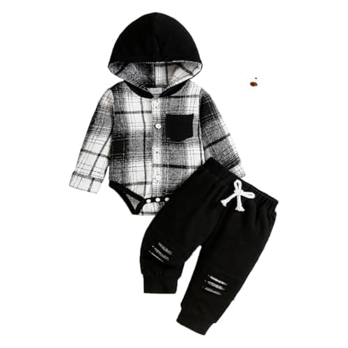 LUJENGEFA Baby Boy Outfits Tracksuit Plaid Button Down Hoodie Tops Pants Trousers Jogger Toddler 2Pcs Clothes Set Black 6-12 months