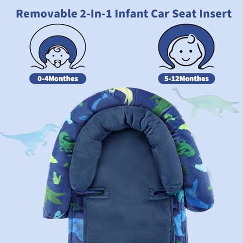 Baby Car Seat Head Support with Extra Headrest, 2-in-1 Babybody Supports with Shoulder Pads Set for Newborn, Adjustable Infant Car Seat Insert Compatible with Stroller, Baby Swing (Dinosaur) — view 2