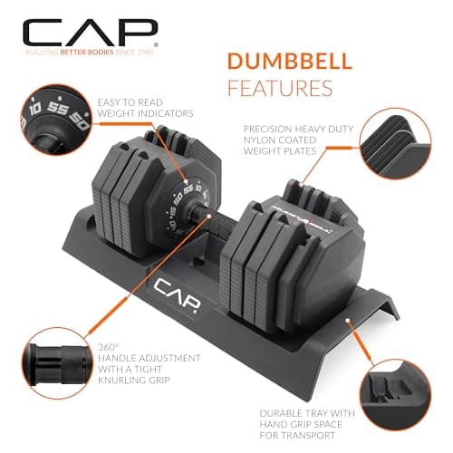 CAP ADJUSTABELL Adjustable Dumbbell Set, Premium Quick Select Adjustable Weights for Home Gym Strength Training, Hex, 55 LB Pair, Black Grip Handle — view 2