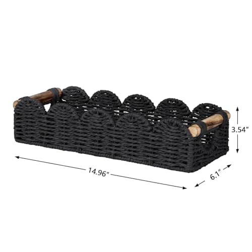 CubesLand Toilet Tank Paper Storage Basket Bathroom Counter Baskets for Organizing, Scalloped Decor Basket for Home, Living Room, Nursery, Wicker Bathroom Shelves Organization&Decorative Tray, Black — view 2