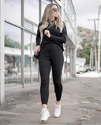 PRETTYGARDEN Women Fall 2 Piece Lounge Outfit Long Sleeve Tops High Waisted Jogger Pants Set Spring Travel Clothes Tracksuit (Black,Small)