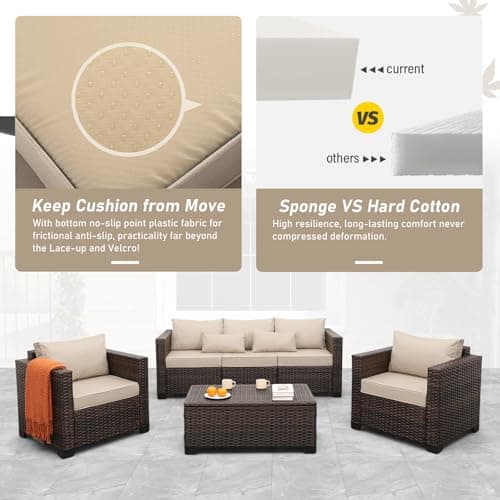 Oasishine Outdoor Patio Furniture Set 4 Pieces Wicker Outdoor Furniture Chairs and Sofa Patio Storage Table Non-Slip Cushions and Waterproof Covers, Khaki — view 3