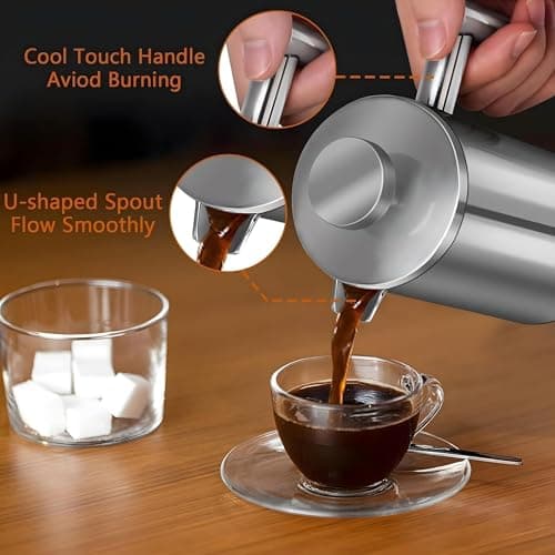 WORBIC Large French Press Coffee Maker 50oz (1.5L), 304 Stainless Steel Double Wall Insulated Coffee Press for Camping, Backpacking, Party, Travel, Gift Set, Dishwasher Safe (Silver, 6-8 Cups) — view 6
