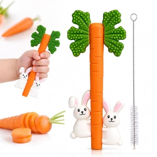 Baby Teething Toys Silicone Carrot Rabbit Hollow Teething Tubes -Sensory Chew Toys Over 3 Months - Teether Straws for Teething Relief -BPA Free Infant Toys Baby Shower Gifts Baby Essentials (1)