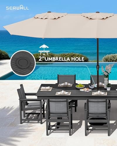SERWALL 9 Piece 84" HDPE Outdoor Dining Set for 8 with Textilene Chairs and Umbrella Hole, Black/Gray — view 4