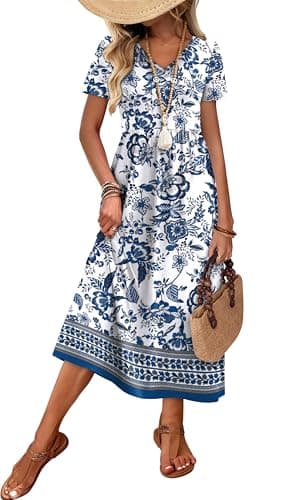 OFEEFAN Summer Dresses for Women Flowy Short Sleeve V Neck A Line Dress Spring Beach Vacation Casual Dresses Midi Maxi Dress Sundresses for Women Mandala Boho Print L — view 3