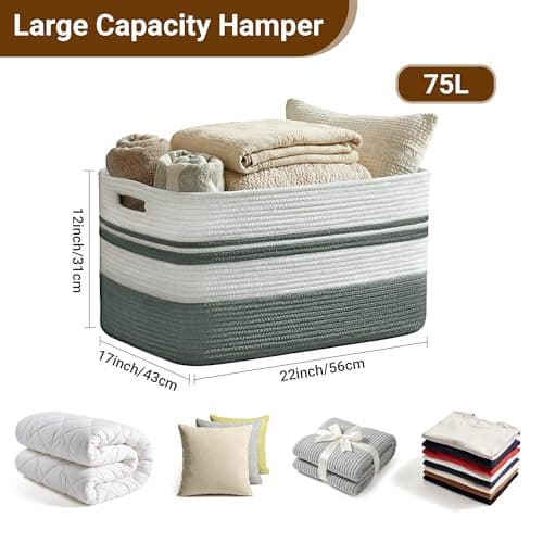 HOBASKET 75L Large Blanket Basket, 22"x17"x12"Rectangle Cotton Rope Woven Storage Basket with Handles, Laundry Hamper for Living Room, Nursery, Bedroom - Chemical-Free, Kid & Pet Safe - Sage Green