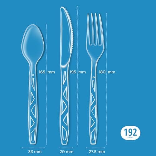 Amazon Basics Disposable Clear Plastic Cutlery Set, Premium Quality, Strong, 192 Count, Large Combo Pack Forks, Spoons and Knives — view 2