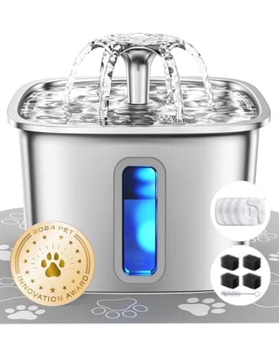 Veken Innovation Award Winner Stainless Steel Cat Water Fountain, 108oz/3.2L Pet Fountain with 4 Replacement Filters & 4 Pre-Filter Sponges & Silicone Mat, for Cats, Dogs (Silver)