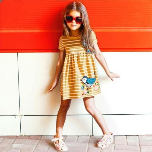 Winzik Toddler Summer Dress, Little Girls Short Sleeve Cotton Casual Dresses Bird Clothes 2-8 Years (2-3T, Bird Stripe) — view 3