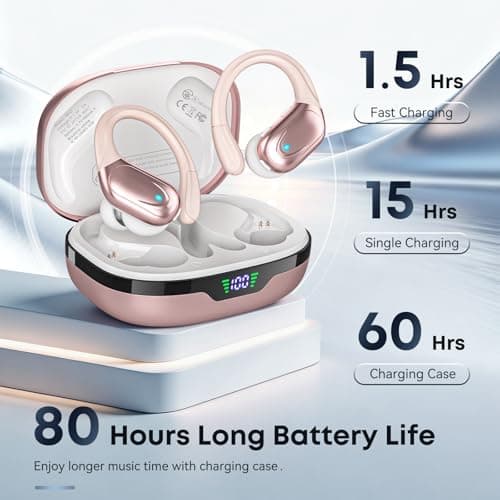 Wireless Earbuds, Sports Bluetooth Headphones, Noise Canceling Ear Buds with 80hr Playtime, LED Power Display, IPX7 Waterproof Earphones for Gym/Workout Rose Gold — view 2