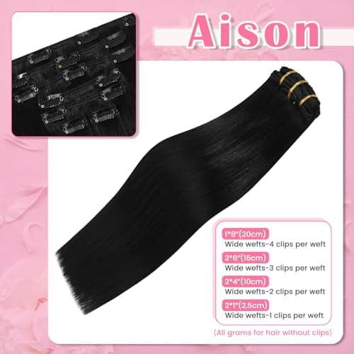 Aison Hair Extensions for Women Natural Black Clip in Hair Extensions Real Human Hair 18 Inch 75G/7Pcs Soft Silky Straight 16clips(18 Inch #1B) — view 3