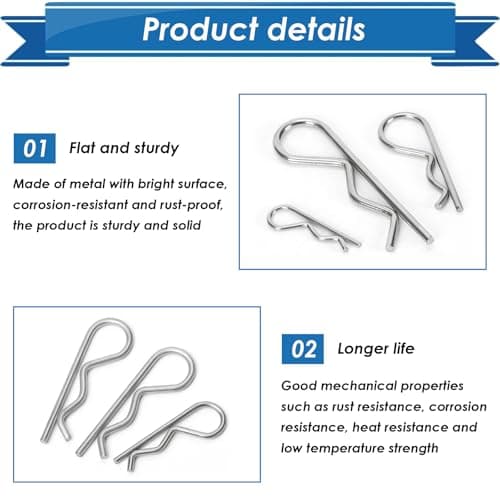 Eoppen 105Pcs Cotter Pin Assortment Kit - 304 Stainless Steel 7 Sizes R Clips Cotter Pins for Automotive, Trailer, Hitch Pin Lock System — view 2